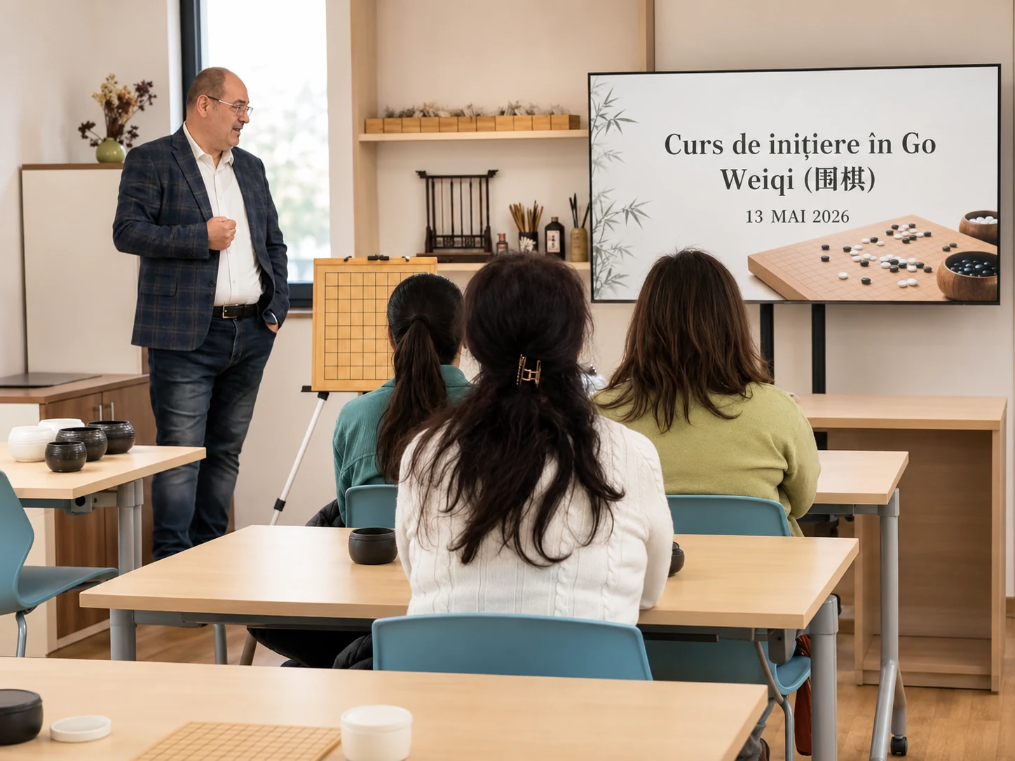 Instructor prezentând jocul de Go unui grup de participanți adulți